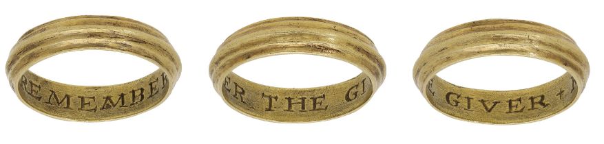 A gold posy ring, early 17th century, the D-shaped hoop decorated to the exterior with...