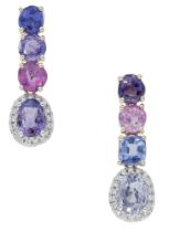 A pair of vari-colour sapphire ear pendants, set with oval-cut sapphires of pink, purple...