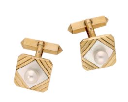 A pair of cultured pearl cufflinks, the cut-cornered panels centred with a cultured pearl...