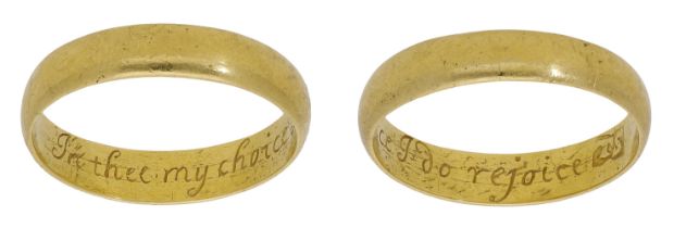 A gold posy ring, circa 1660-1680, the D-shaped band inscribed to the interior in italics...