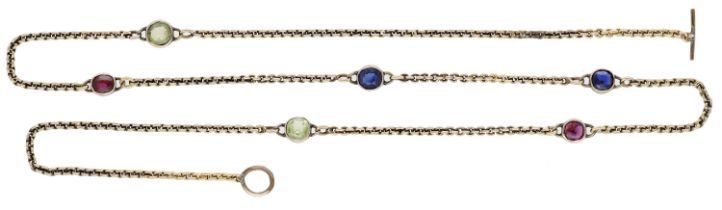 A gem-set necklace, the cable-link chain spectacle-set with circular-cut rubies, sapphires...