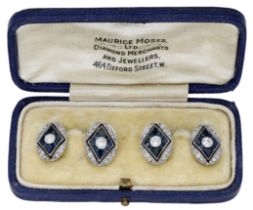 A pair of early 20th century sapphire and diamond cufflinks, each oval panel set with an...