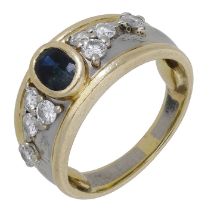 A sapphire and diamond ring, French, the bicoloured band of tapered design, set to the...
