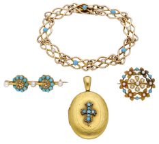 A small collection of antique seed pearl and turquoise jewellery, comprising a bracelet,...