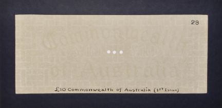 Commonwealth of Australia, watermarked paper (2) as used for the Â£10 of 1925-33, glued into...