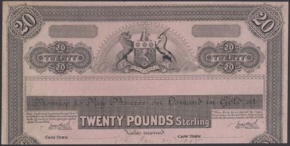 Cape Uniform Banknotes, South Africa, obverse uniface proof for Â£20, ND (1891), black on lig...