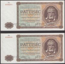 Slovak National Bank, 5000 Korun (2), 18 December 1944, serial numbers 010231 and 010235, ea...