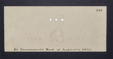 Commonwealth of Australia, watermarked paper for the Â£5, of 1954, glued into frame of thick...