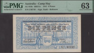 Hay Internment Camp, Australia, 6 Pence, 1 March 1941, serial number C40748, in PMG holder 6...