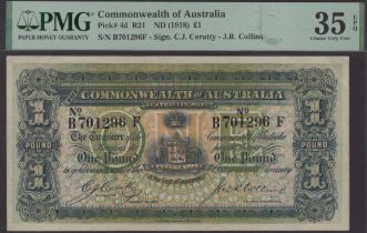 Commonwealth of Australia, Â£1, ND (1918), serial number B701296F, Cerutty and Colins signatu...