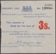 Siege of Mafeking, 3 Shillings, January 1900, serial number A3550, serial number struck thro...