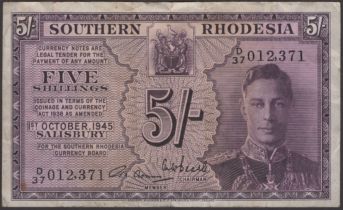 Southern Rhodesia Currency Board, 5 Shillings, 1 October 1945, serial number D/37 012371, Th...