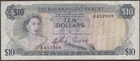 Bahamas Government, $10, 1965, serial number A452908, Sands and Higgs signatures, an attract...