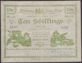 Siege of Mafeking, 10 Shillings, March 1900, serial number 3153, 'Commanding' misspelled, te...