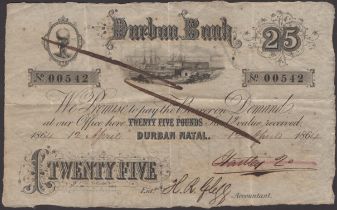 Durban Bank, cancelled Â£25, 12 April 1864, serial number 00542, ink cancellation across face...