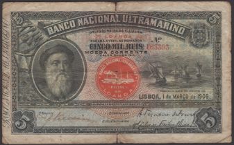 Banco Nacional Ultramarino, Angola, 5 Mil Reis, 1 March 1909, serial number 163393, Manuel C...