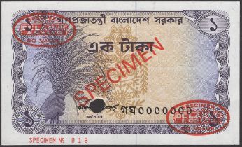 Government of Bangladesh, specimen 1 Taka, ND (1976), serial number 0000000, red SPECIMEN ov...