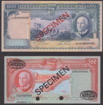 Banco de Angola, specimen 500 and 1000 Escudos, 10 June 1970, serial numbers 2Azb 00000 and...