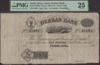 Durban Bank, unissued Â£10, 186-, serial number 01205, in PMG holder 25, very fine, the Â£10 v...