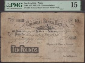 Colonial Bank of Natal, Â£10, 9 June 1862, serial number 049, in PMG holder 15, choice fine,...