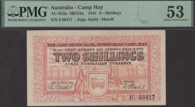 Hay Internment Camp, Australia, 2 Shillings, 1 March 1941, serial number E40417, in PMG hold...