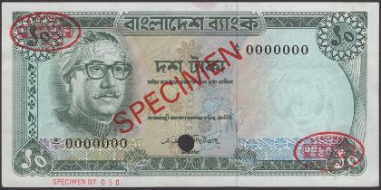 Bangladesh Bank, specimen 10 Taka, ND (1973), serial number 0000000, red SPECIMEN overprint...