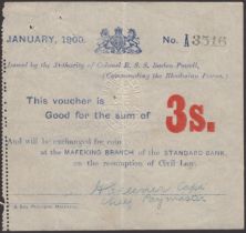 Siege of Mafeking, 3 Shillings, January 1900, serial number A3516, perforated left edge, sta...