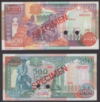 Central Bank of Somalia, specimen 500 and 1000 Shillings, 1990, serial numbers 000000, red S...