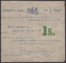 Siege of Mafeking, 1 Shilling, January 1900, serial number A2217, imperforate left margin, v...