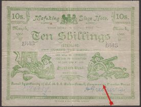 Siege of Mafeking, 10 Shillings, March 1900, serial number 1843, 'Commaning' misspelled, sma...