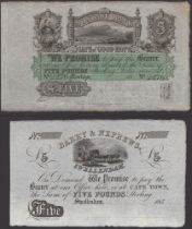 Montagu Bank, remainder Â£5, 1860, serial number 2276, and Barry & Nephews, Swellendam, uniss...