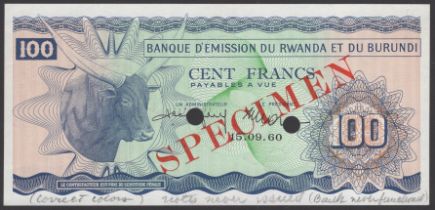Banque d'Emission du Rwanda et du Burundi, specimen 100 Francs, 15 September 1960, no signat...