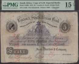 London and South African Bank, cancelled Â£5, 6 March 1874, serial number 11440, split and re...