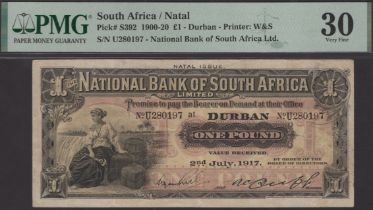 National Bank of South Africa, Natal issue, Â£1, Durban, 2 July 1917, serial number U280197,...