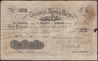 Colonial Bank of Natal, Â£5, 23 May 1864, serial number 272, pinholes and small piece missing...