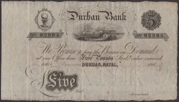 Durban Bank, unissued Â£5, 186-, serial number 02904, obverse black, reverse red, very fine...