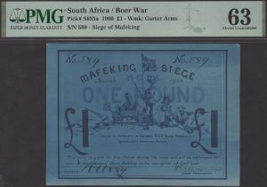 Siege of Mafeking, Â£1, March 1900, serial number 589, 'Garter Arms' watermark, in PMG holder...