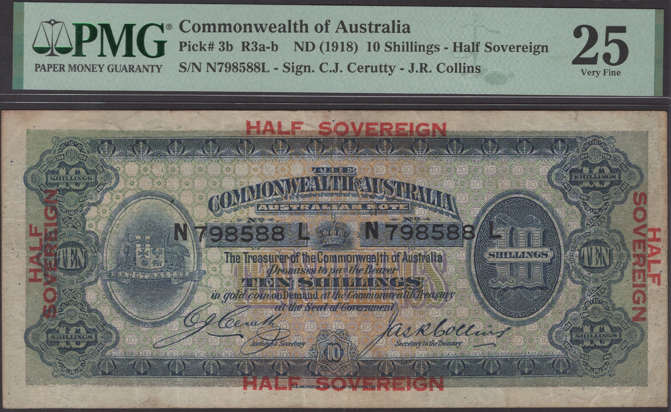 Commonwealth of Australia, 10 Shillings = Half Sovereign, ND (1918), serial number N798588,...