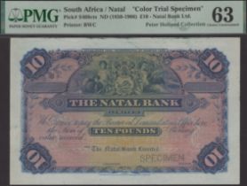 Natal Bank Limited, South Africa, colour trial Â£10, ND (1890s-1906), no serial numbers or si...