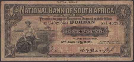 National Bank of South Africa, Natal issue, Â£1, Durban, 3 January 1918, serial number U40298...