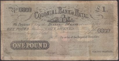 Colonial Bank of Natal, Â£1, 1 May 1862, serial number 0860, original fine Pick S431, Hern 1...