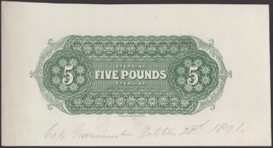 Cape Uniform Banknotes, South Africa, reverse uniface proof for Â£5, ND (c.1891), green print...