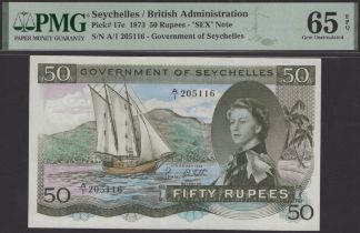 Government of Seychelles, 50 Rupees, 1 August 1973, serial number A/1 205116, Greatbatch sig...