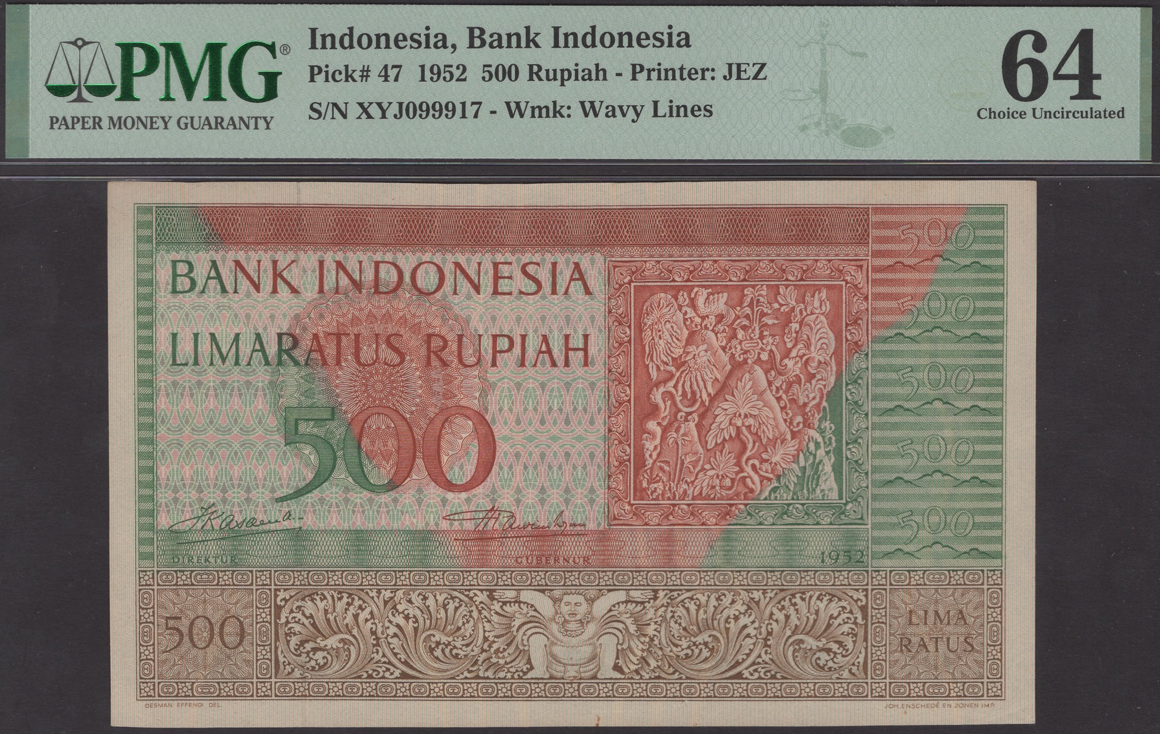 Bank Indonesia, 500 Rupiah, 1952, serial number XYJ099917, in PMG holder 64, choice uncircul...