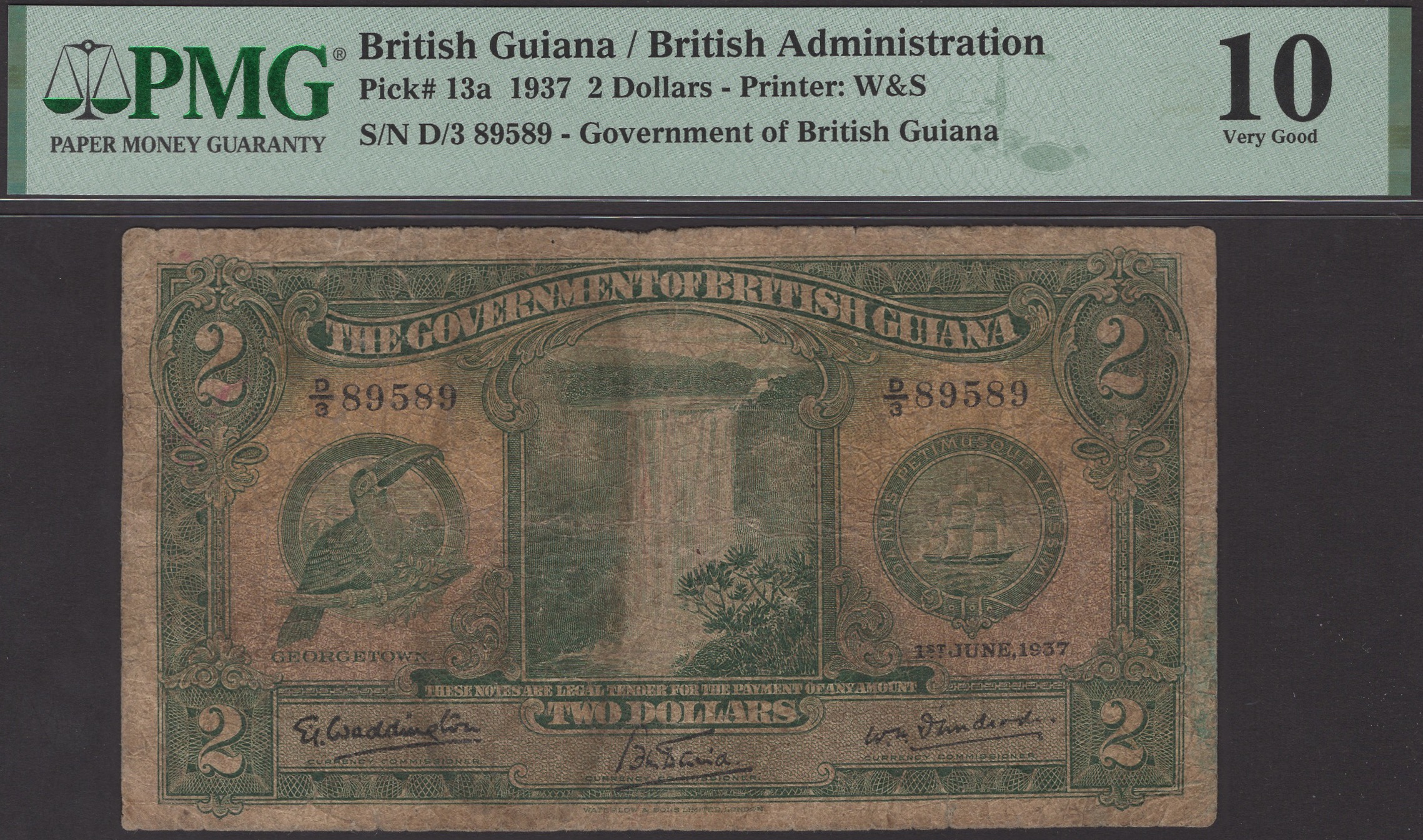 Government of British Guiana, $2, 1 June 1937, serial number D/3 89589, in PMG holder 10,...