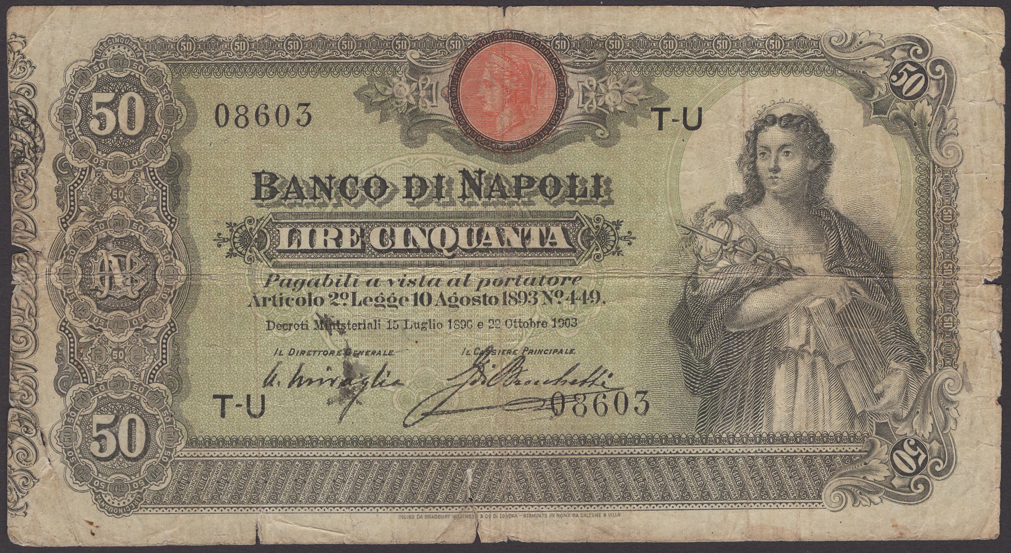 Banco di Napoli, 50 Lire, 22 October 1903, serial number T-U 08603, original fine,...