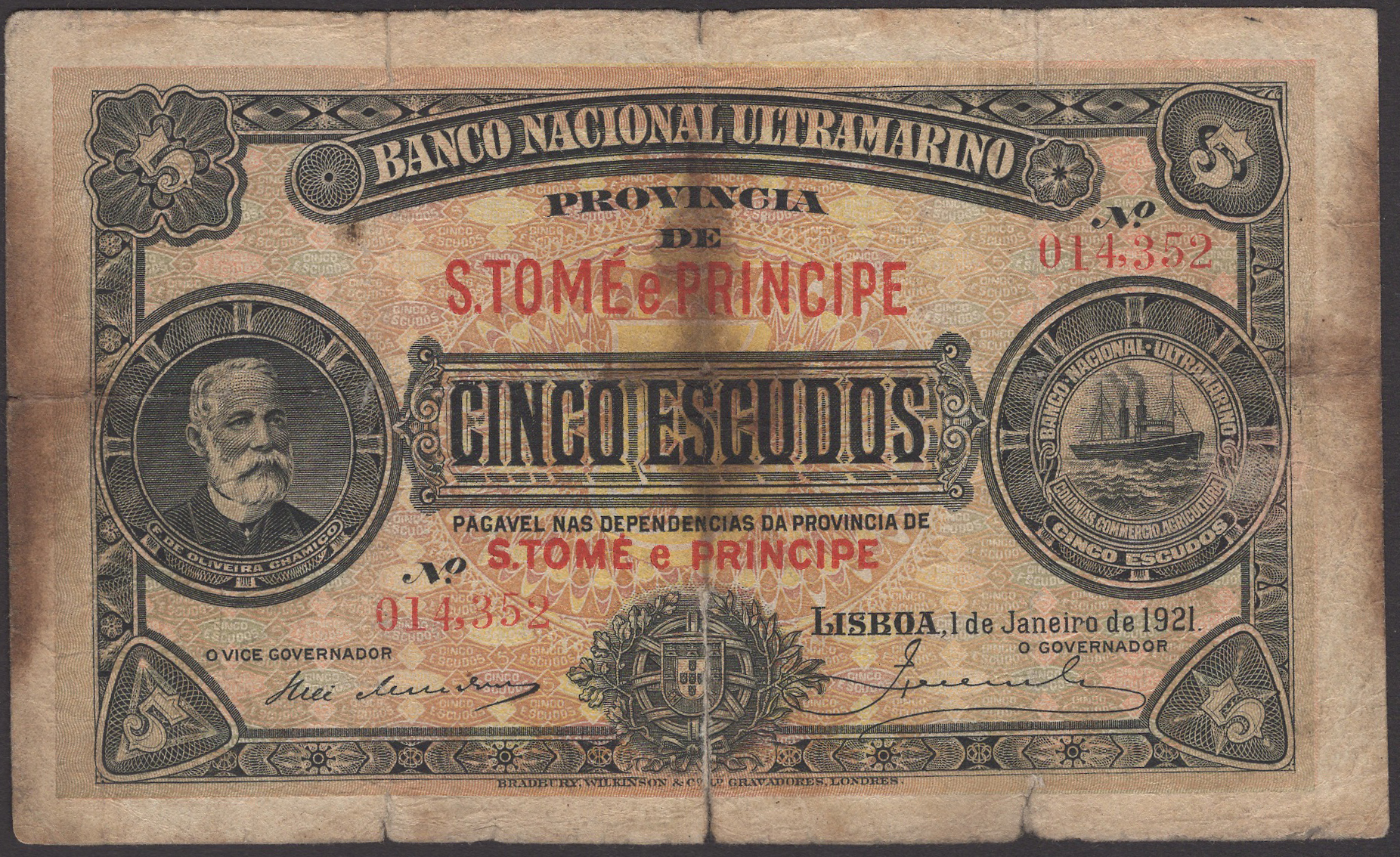 Banco Nacional Ultramarino, St Thomas & Prince, 5 Escudos, 1 January 1921, serial number...