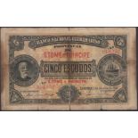 Banco Nacional Ultramarino, St Thomas & Prince, 5 Escudos, 1 January 1921, serial number...