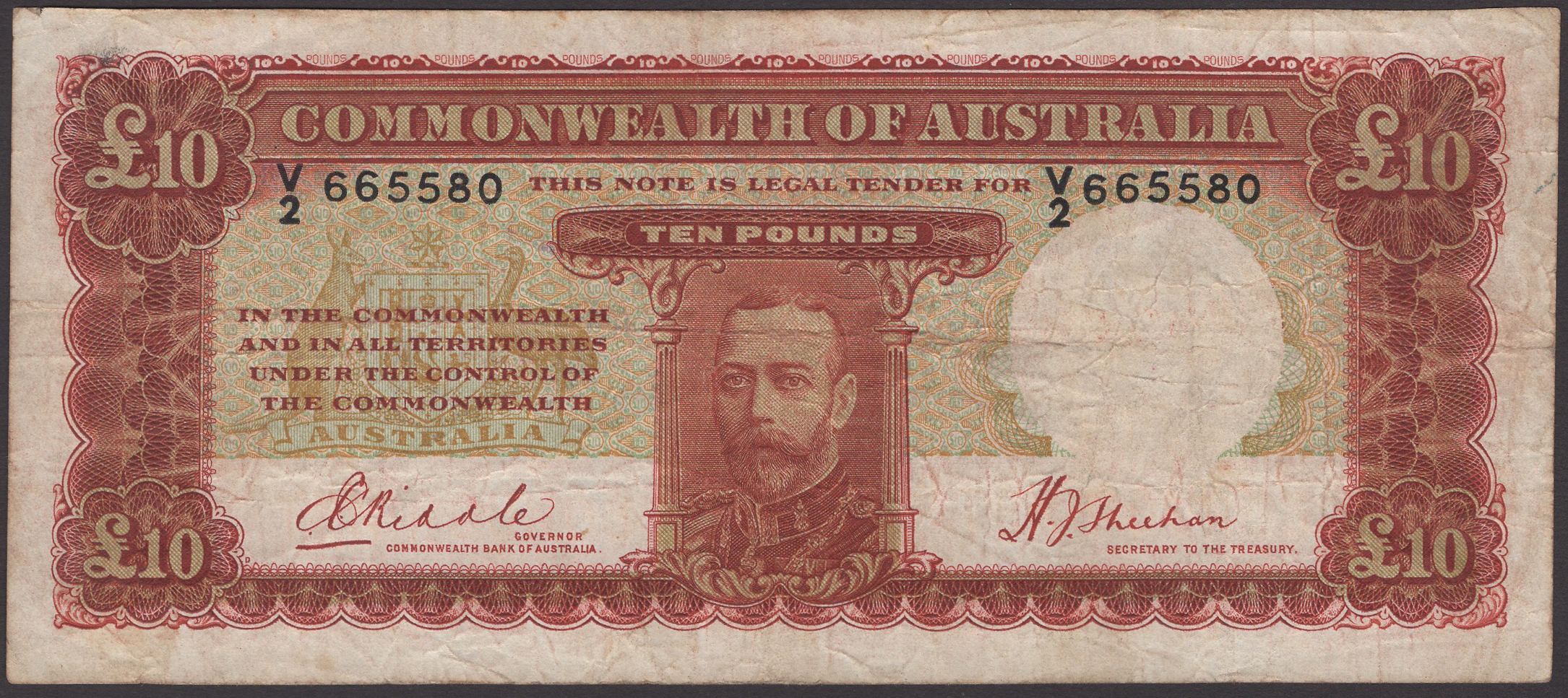 Commonwealth of Australia, Â£10, ND (1934-39), serial number V/2 665580, Riddle and Sheenan...