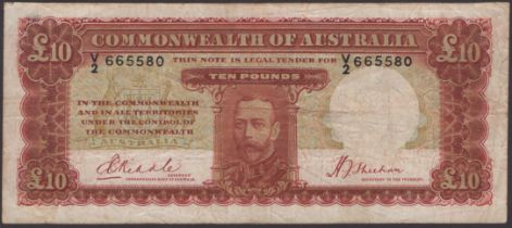 Commonwealth of Australia, Â£10, ND (1934-39), serial number V/2 665580, Riddle and Sheenan...